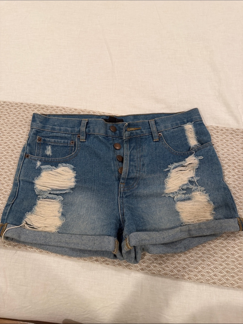 Forever 21 Distressed Rolled Hem Denim Shorts - Blue